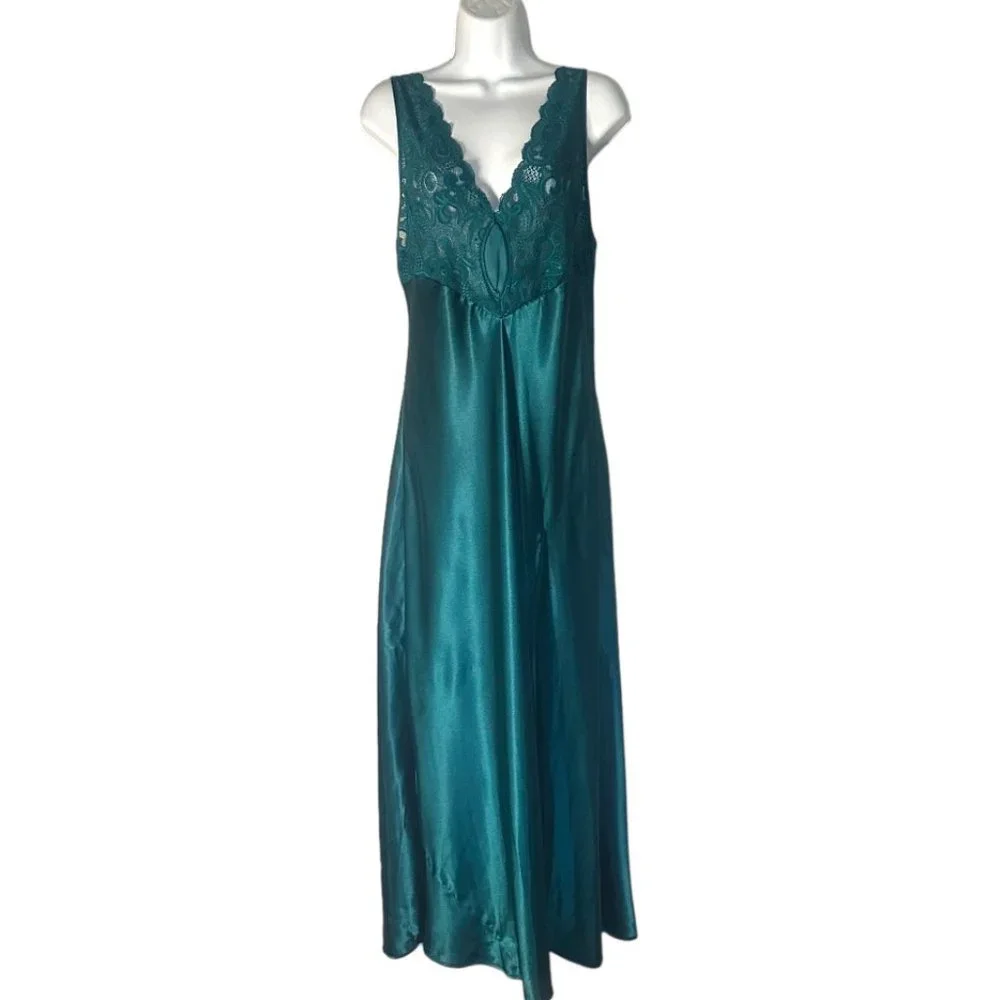 Gold Label Victoria's Secret Satin Teal Chemise with Lace & Slit - Size L - Picture 6 of 10